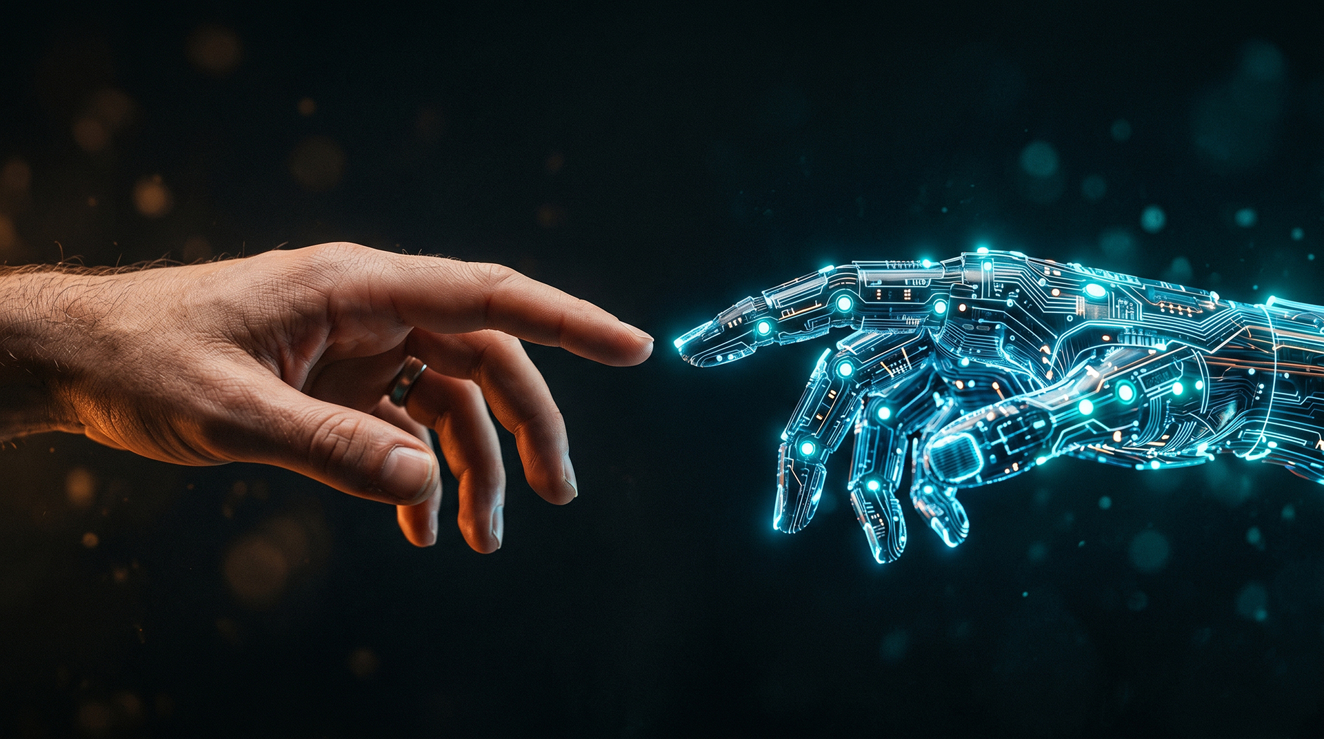 Human and AI hands reaching toward each other — AI insights Bytes and PCs